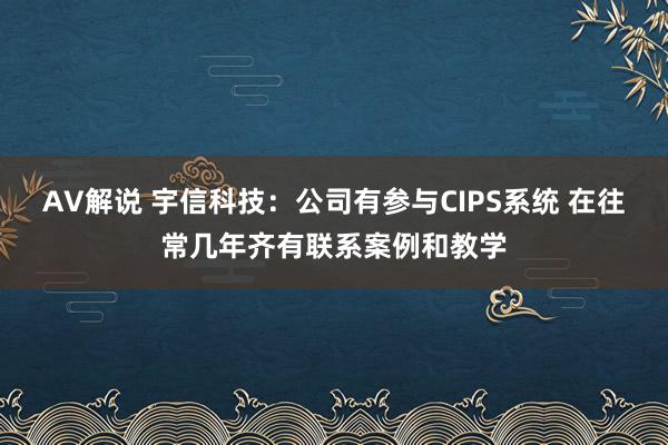 AV解说 宇信科技：公司有参与CIPS系统 在往常几年齐有联系案例和教学